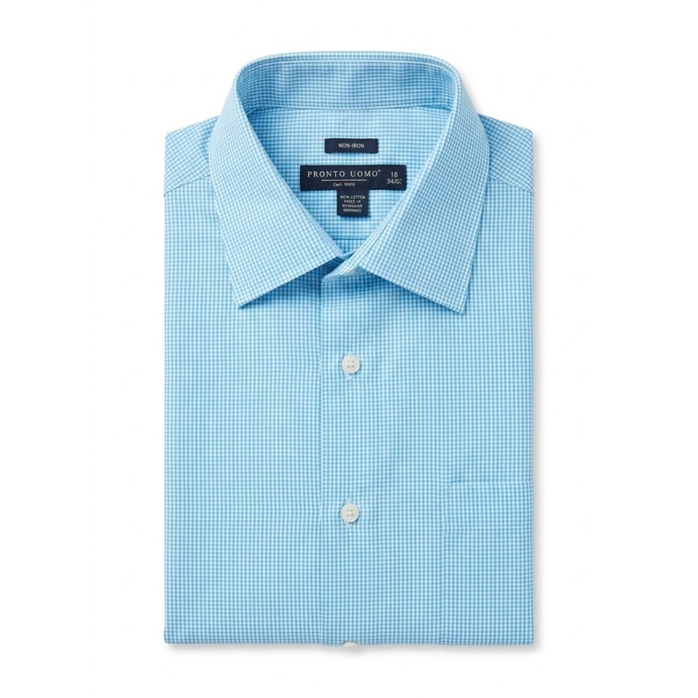 Pronto Uomo Classic Fit Light Blue Micro-Check Dress Shirt 18 34/35